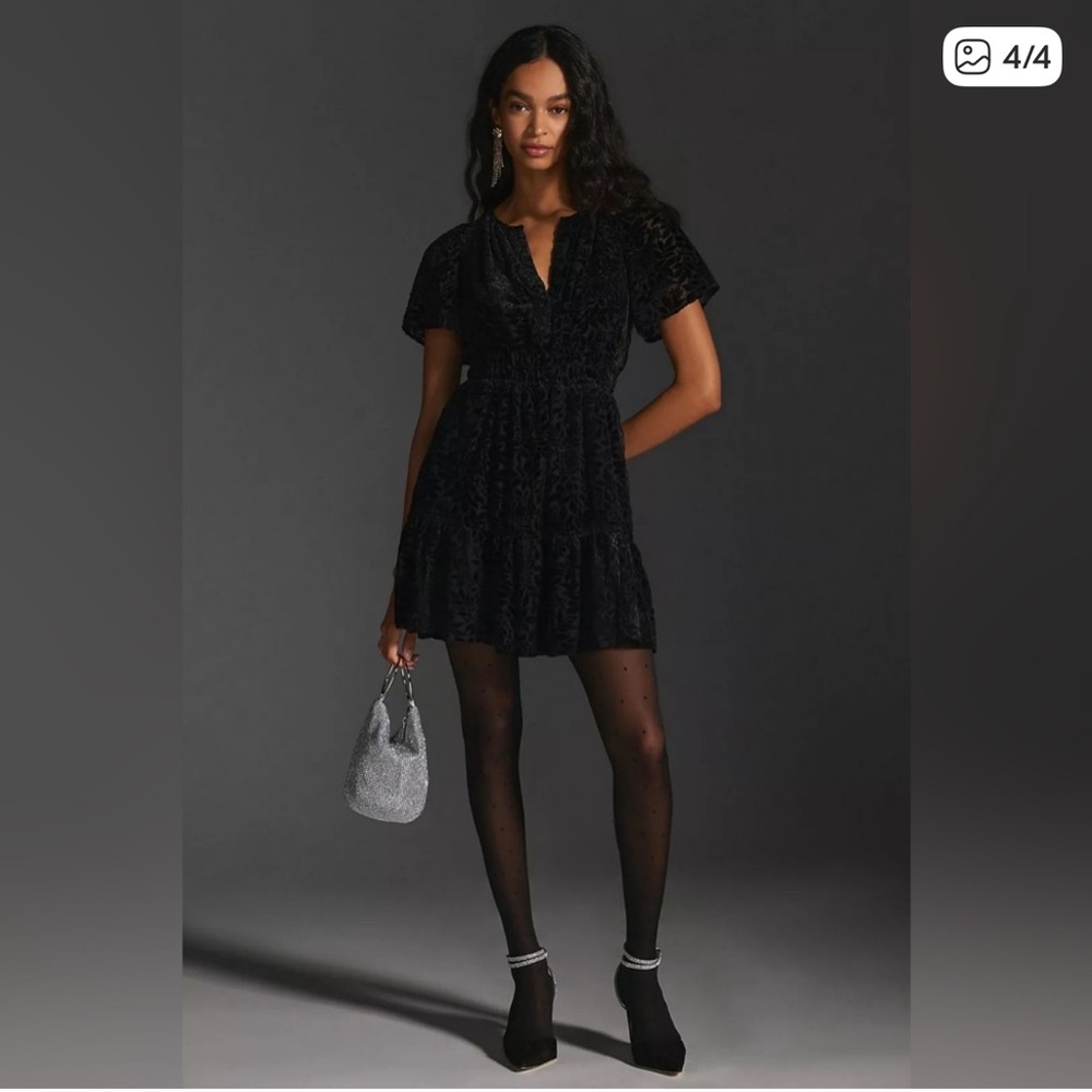 Black Short-Sleeve Mini Dress - Elegant Velvet Textured Tiered Dress